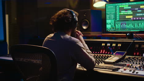 productor de mezcladores desarrolla audio editando grabaciones e integrando sonidos