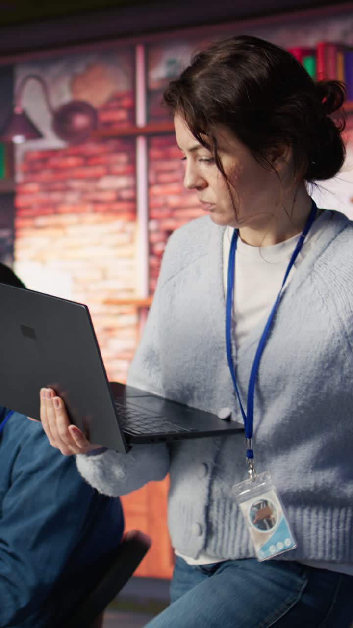 Vertical video Customer support agent arriving at work, entering office