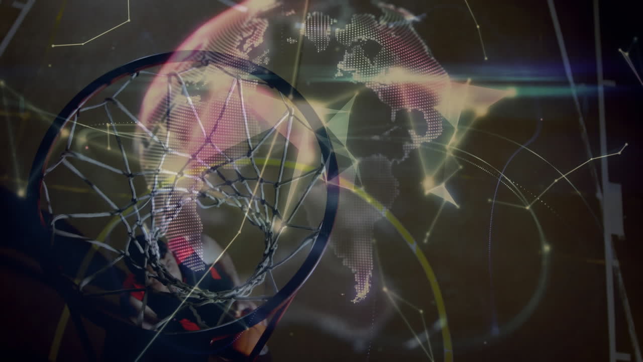 animación de redes de conexiones con el mundo sobre jugador de baloncesto masculino biracial en el gimnasio