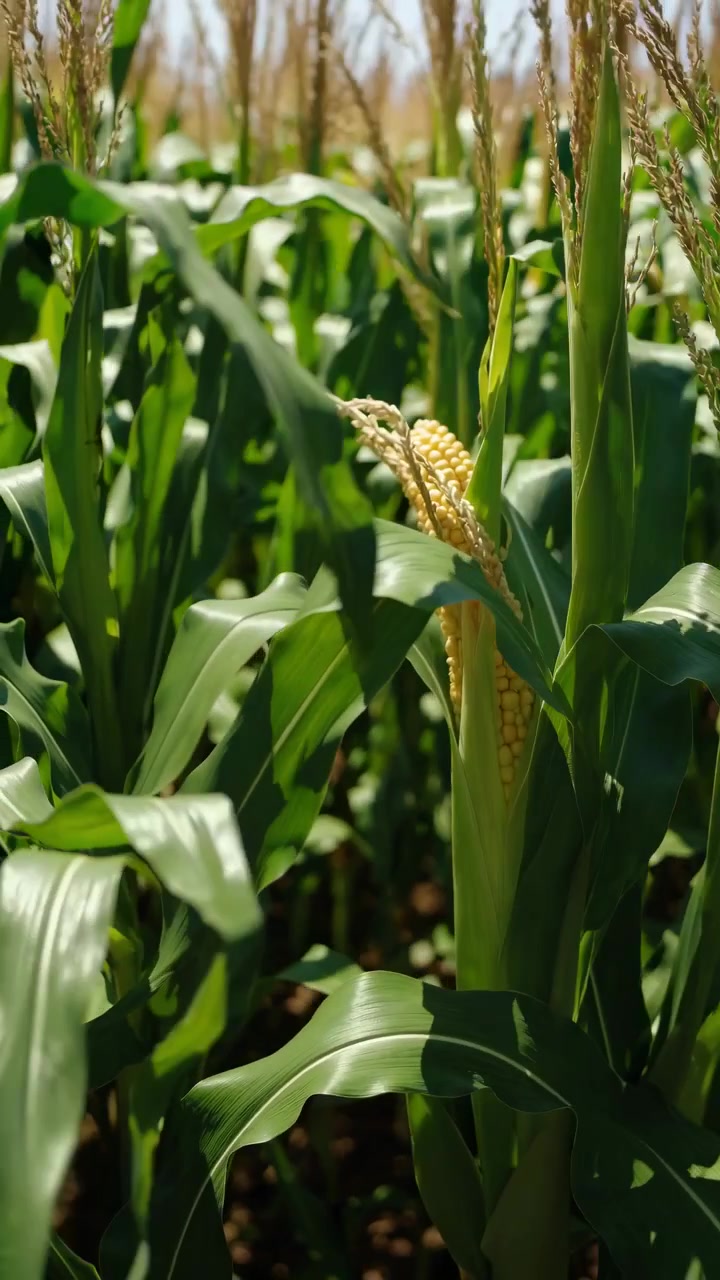Developing Ear of Corn on a Stalk in a Vibrant Green Field