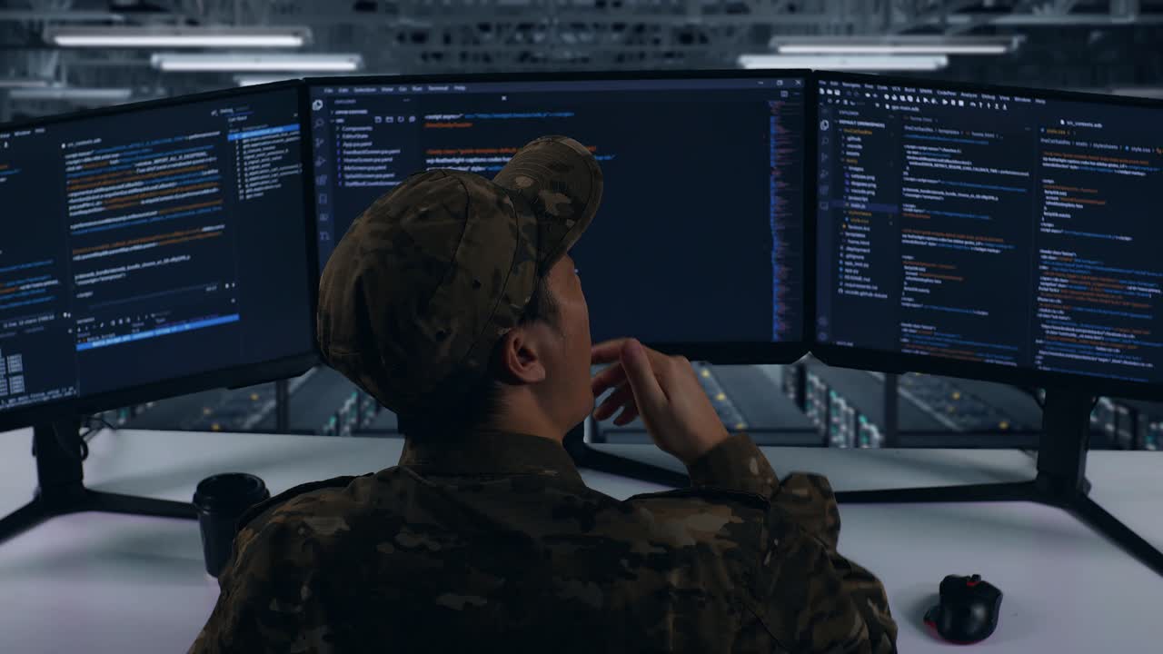 Back View Of Tired Asian Military Yawning Before Sleeping While Write Code With Multiple Computer Screens In Data Center