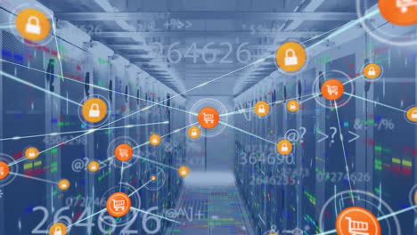 Animation-of-network-of-connections-with-digital-icons-over-computer-servers