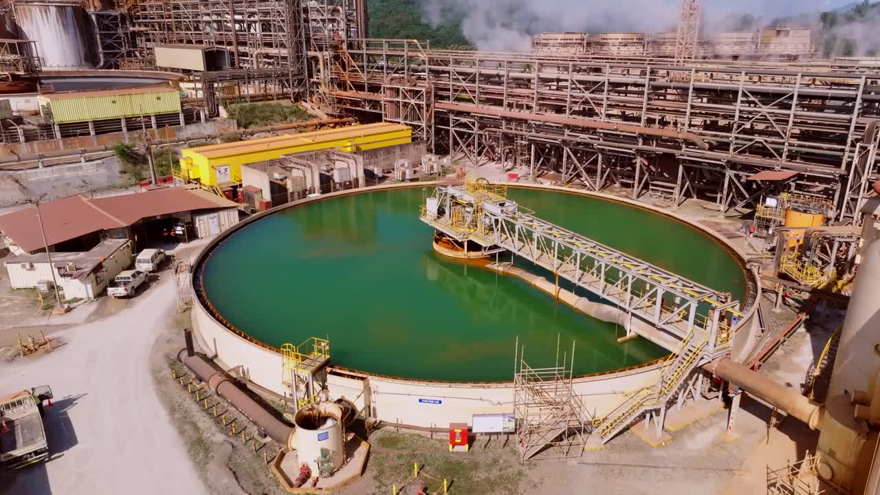 Green clarifier pool with toxic waste water to gain silver and goold, aerial