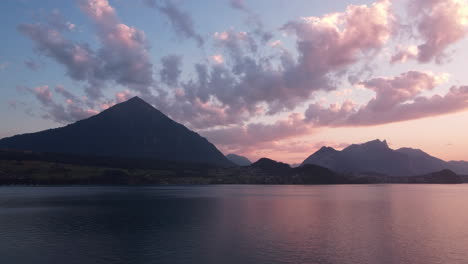 low flight over the water surface of a mountain lake