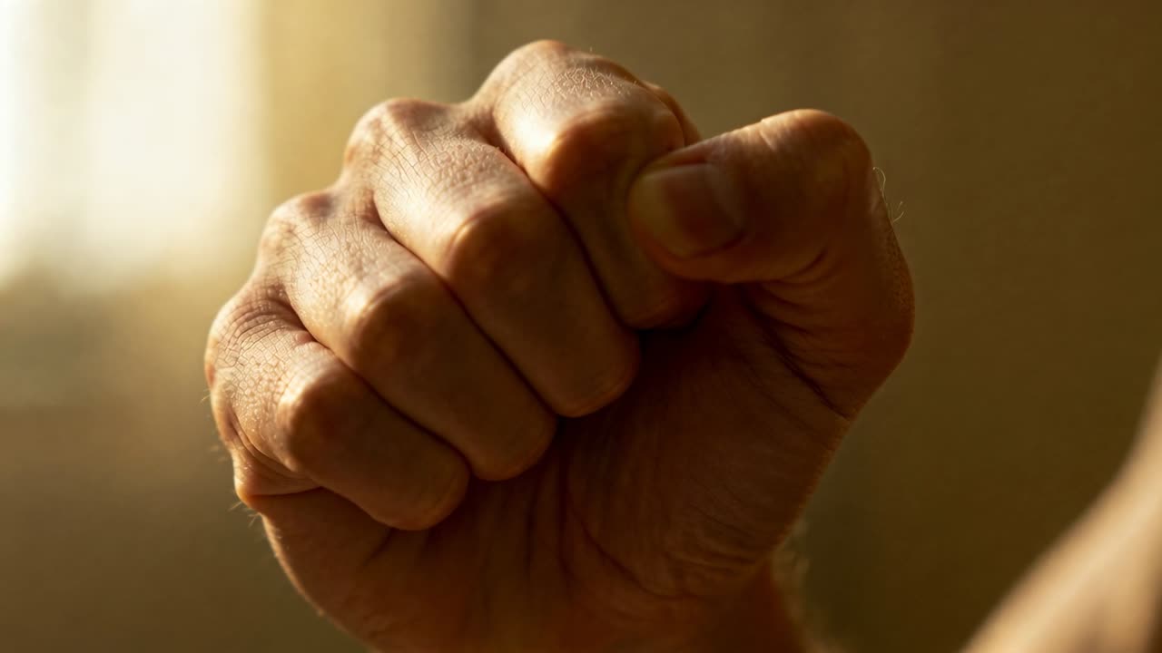 Sequenza di cinque inquadrature che mostra la mano destra di un uomo che si stringe in un pugno saldo vicino a una finestra a sinistra, con le nocche illuminate.