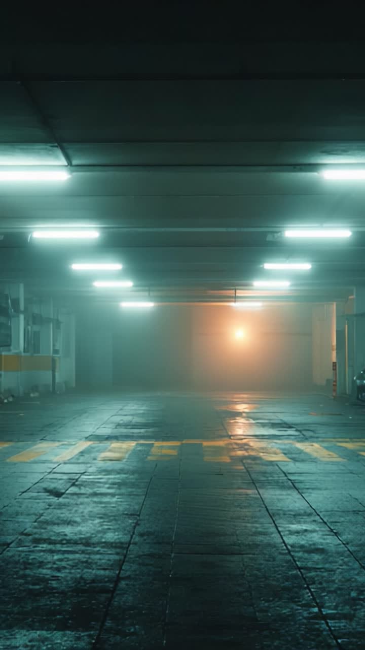 Mysterious Parking Garage Shrouded in Fog and Ambient Light, Creating an Eerie Yet Captivating Atmosphere, Ideal for Cinematic Scenes and Unique Photography