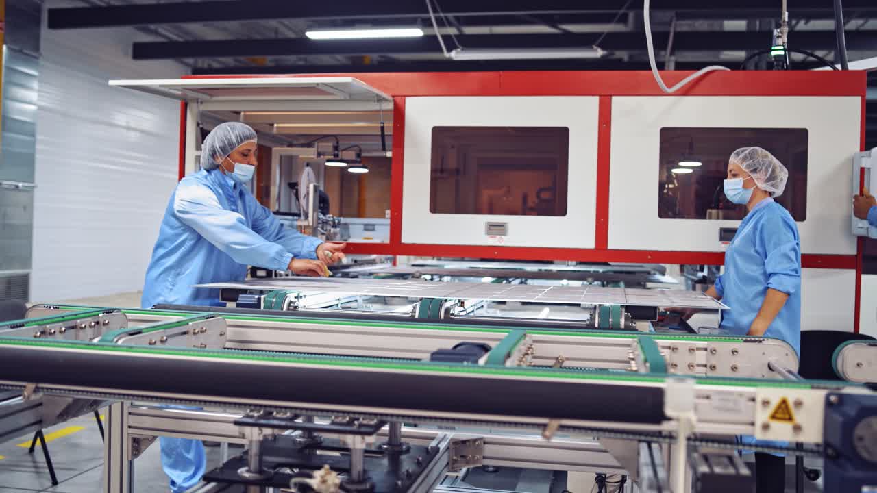 Contemporary industries. Workers in blue protective clothing inside the modern plant. Innovative technologies of producing solar panels.