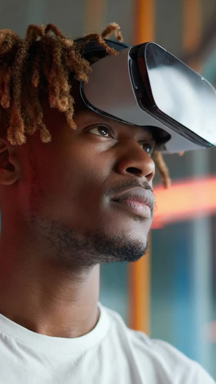 Un giovane immerso nella realtà virtuale, che mostra l'entusiasmo e il coinvolgimento della tecnologia avanzata con un visore VR che migliora la sua esperienza digitale