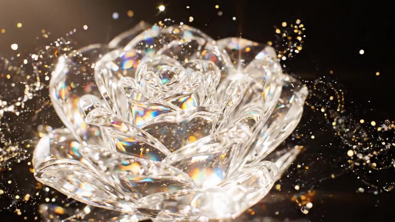 Una rosa di cristallo affascinante illuminata dalla luce, che mostra il suo design intricato e i riflessi scintillanti su uno sfondo scuro