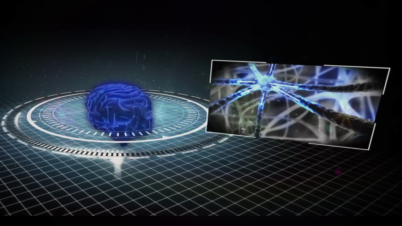 Animation of brain and data processing over black background