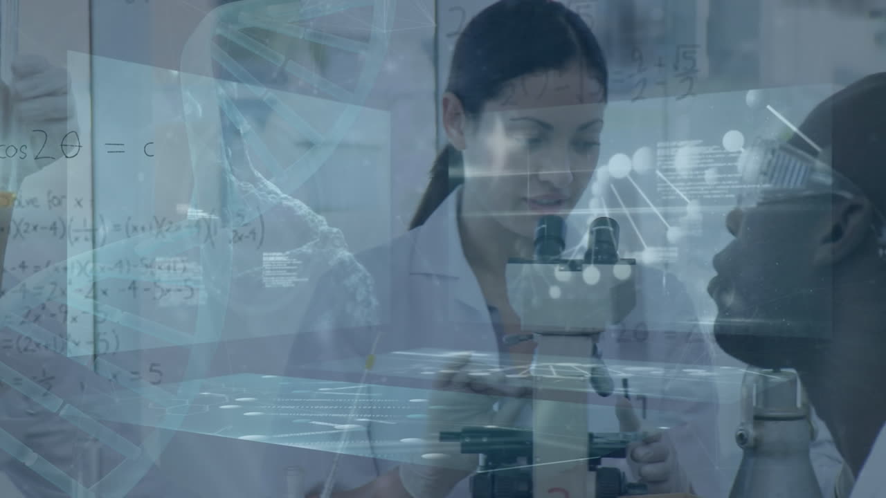 실험실에서 다양한 과학자들에 대한 dna  ⁇ 의 애니메이션과 데이터 처리