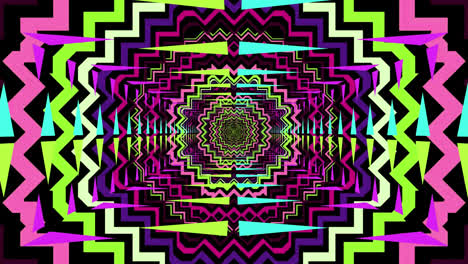 Animation-of-glowing-moving-kaleidoscopic-shapes-over-black-background