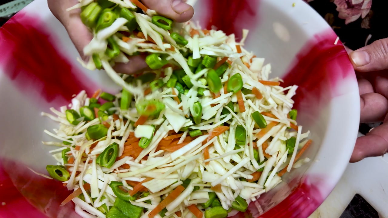 Hand Mixing Freshly Sliced Vegetables In A Striped Bowl Cabbage Carrots And Green Bell Peppers For Salad Preparation And Healthy Eating Concepts.