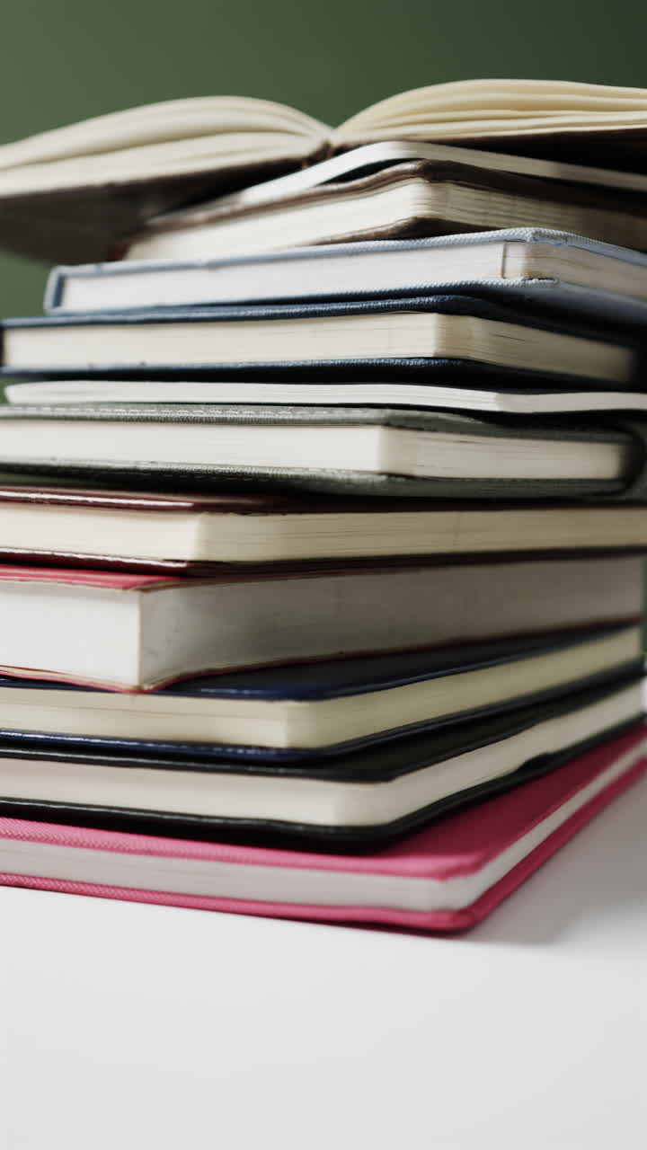 Vertical video of open book on stack of books on green background, in slow motion