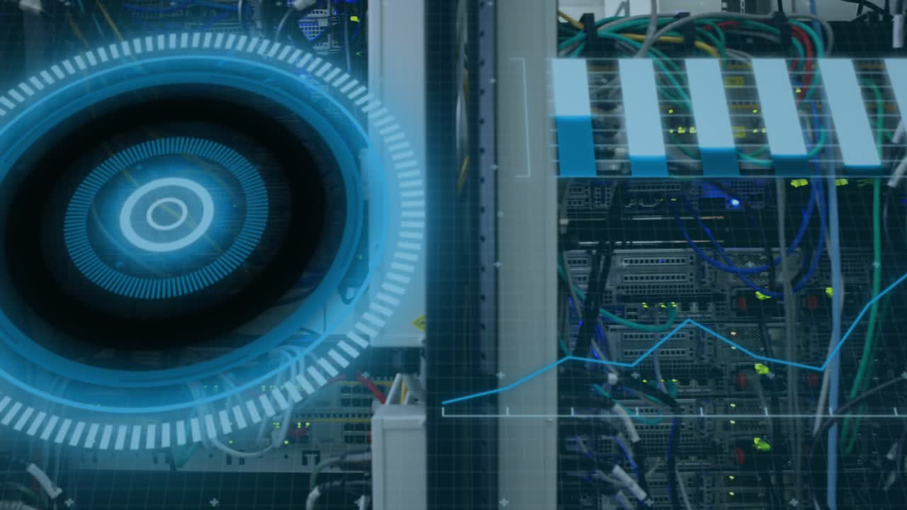 Animation of scope scanning and data processing over cables in computer server in background