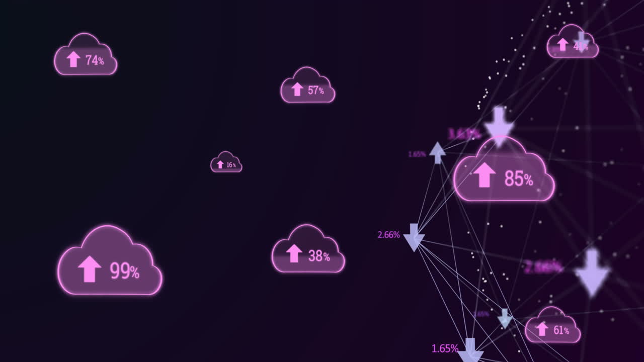 globo de flechas contra el icono de nubes múltiples con porcentaje creciente