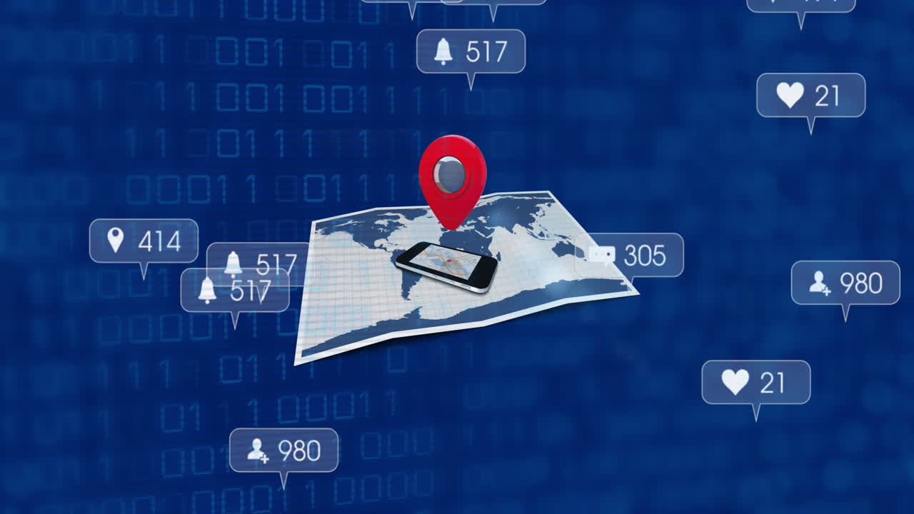 animación de teléfono celular en el mapa y señalar con cajas de mensajes sobre códigos binarios en fondo azul