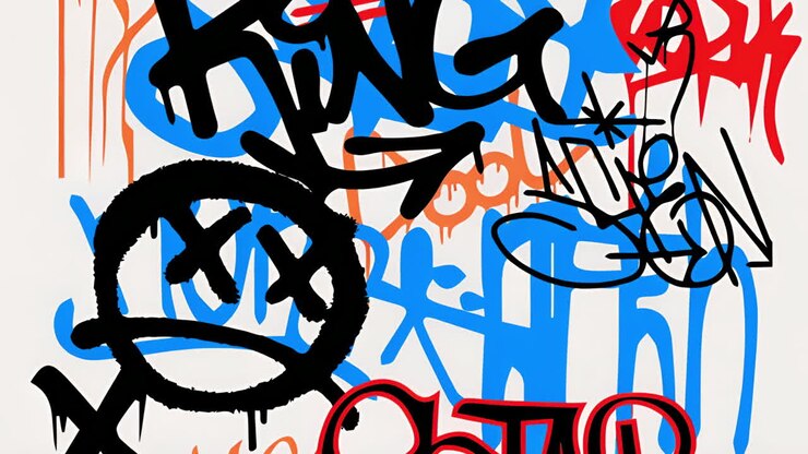 Abstract Graffiti Tags in Blue, Black, and Red