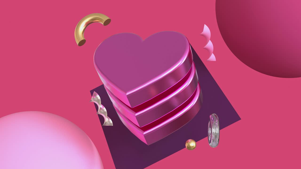 metálico brillante forma de corazón geométrico flotante 3d hacer movimiento fondo rosa