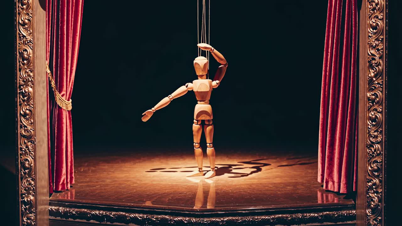 Un fotogramma di video di un burattino di legno su un palco scarsamente illuminato, visto da una bassa angolazione, inquadrato da elementi decorativi