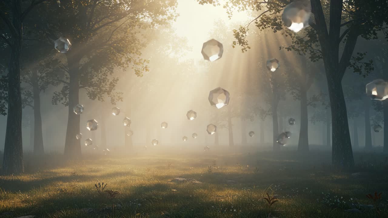 A Magical Forest Scene with Floating Crystals Illuminated by Soft Sunlight, Creating a Dreamlike Atmosphere with Enchanting Visual Effects