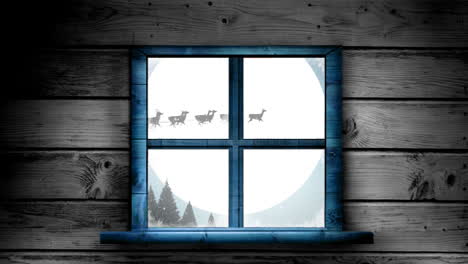 santa in sleigh with reindeer flying behind window