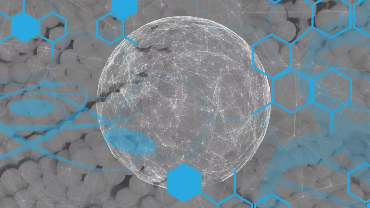 Abstract Digital Sphere with Connecting Lines and Scientific Hexagons