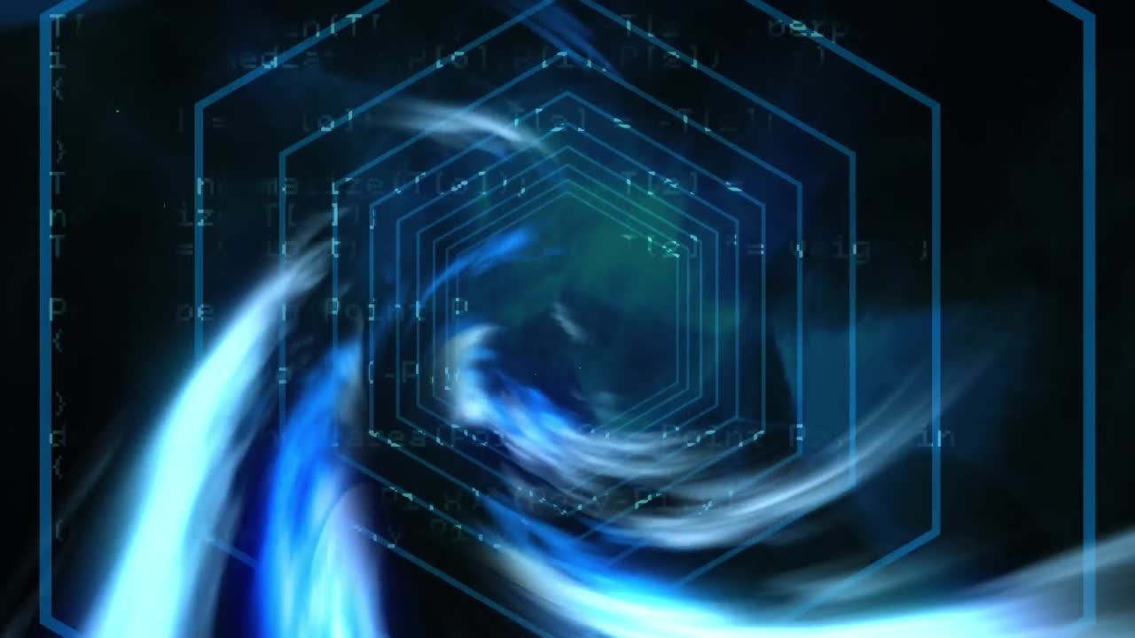 검은 바탕에 육각형 선의 터널 위에 파란 빛의 나선의 애니메이션