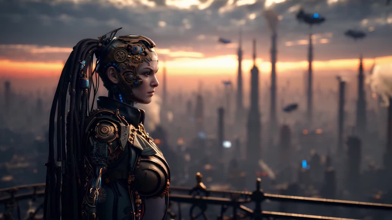 Vista laterale di un cyborg in un paesaggio urbano futuristico al tramonto, perfetto per temi video di fantascienza.
