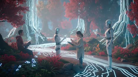 a journey through a futuristic landscape: interaction between humans and robots amidst vibrant flora and digital elements