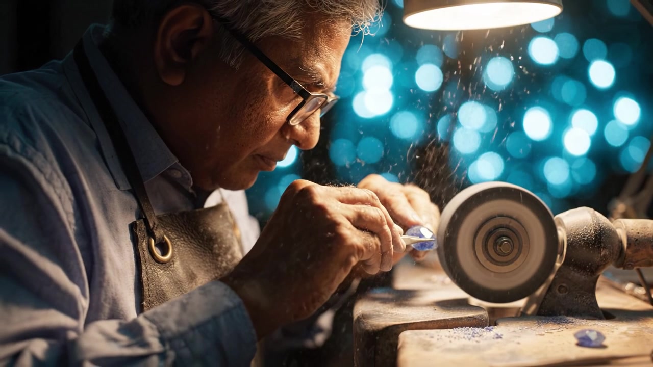 Een vakman die nauwgezet een prachtige edelsteen vormgeeft met precisiegereedschap onder warm licht, wat de kunst en vaardigheid van het edelsteenslijpen toont