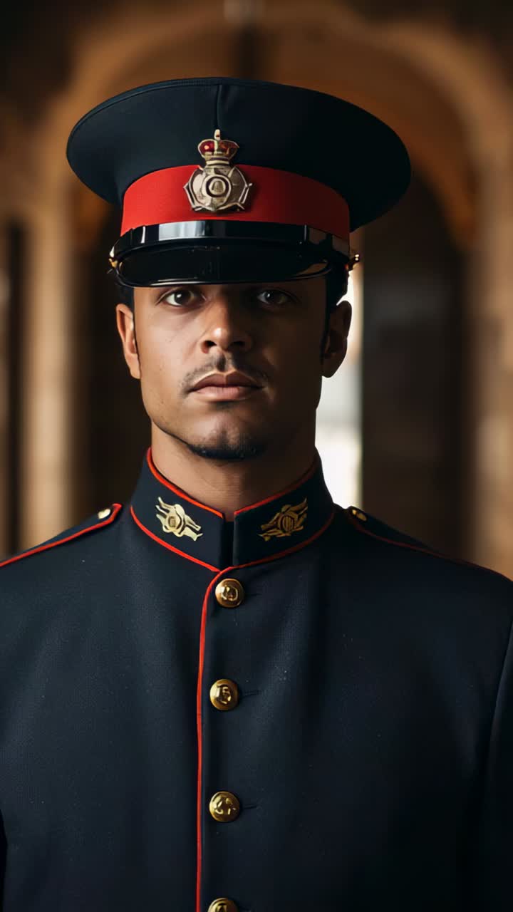 Vertical video: Standing guard in uniform holding posture while camera starting in corridor, cap