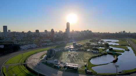 wide aerial pan of horse race course hipódromo argentino de palermo