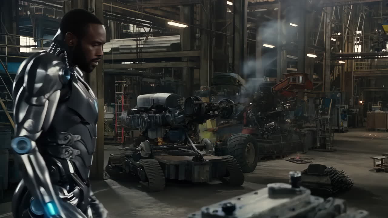 Cyborg Working in a Futuristic Industrial Setting