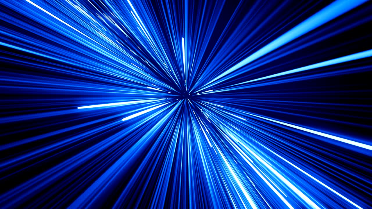 hermoso viaje espacial a través de estrellas senderos de color azul. abstractos salto en el hiperespacio en el universo. concepto de diseño digital. animación en 3d en bucle de líneas brillantes