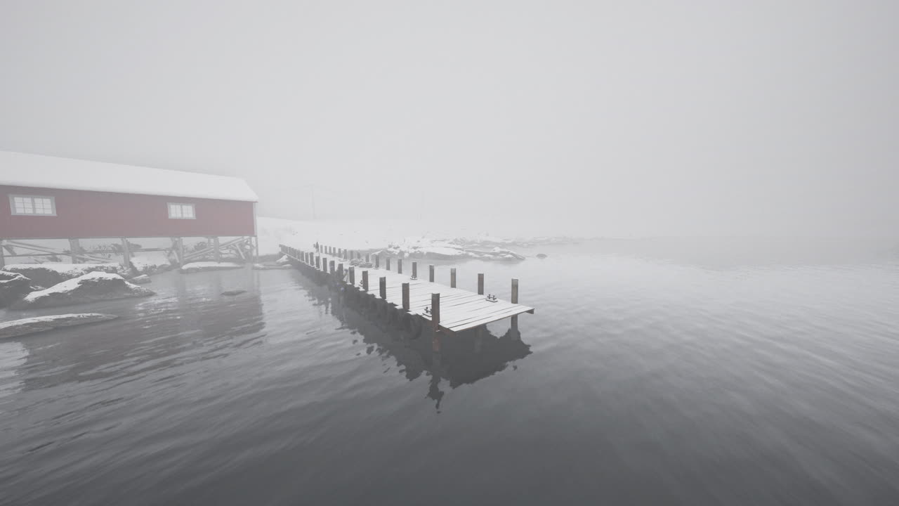 Foggy Winter Landscape with Red Shed and Wooden Dock