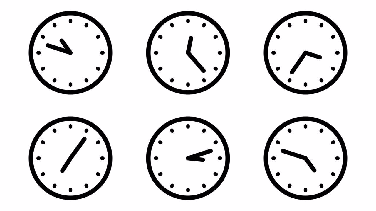 Many clocks with hands rotating at various speeds