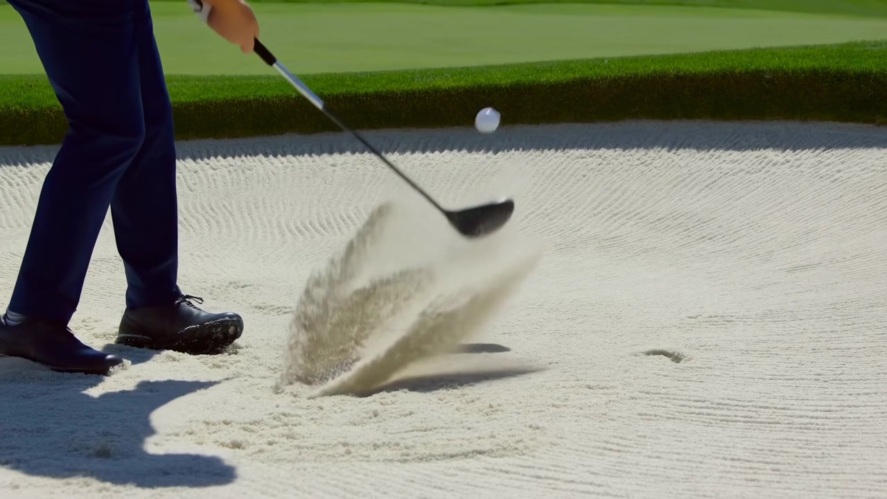 Golfspiller slår bunkerslag i sanden, med ben og kølle synlige idet spilleren utfører et høyt lobbet wedge-slag, og sand spruter opp