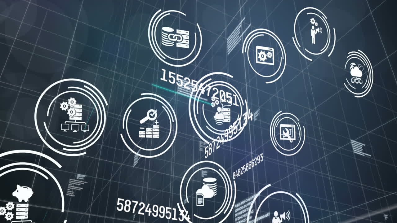Animation of digital icons over scientific data processing on black background