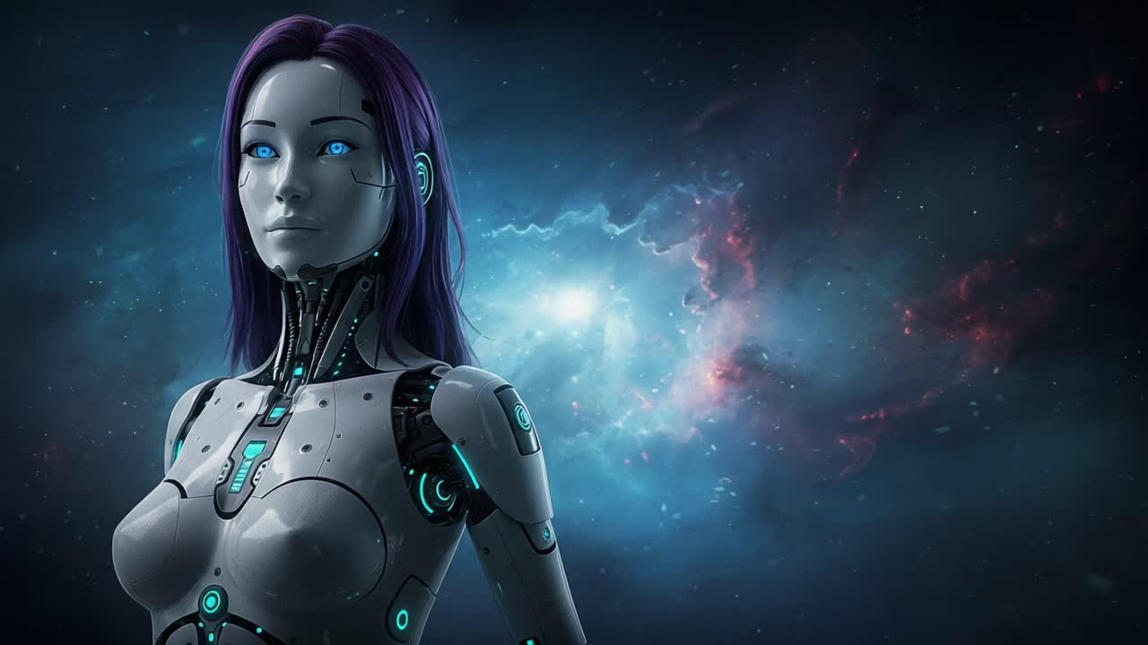 A Stunning Futuristic Robot with Luminous Features and a Striking Cosmic Background, Showcasing Advanced Technology and Artificial Intelligence in a Mystical Universe
