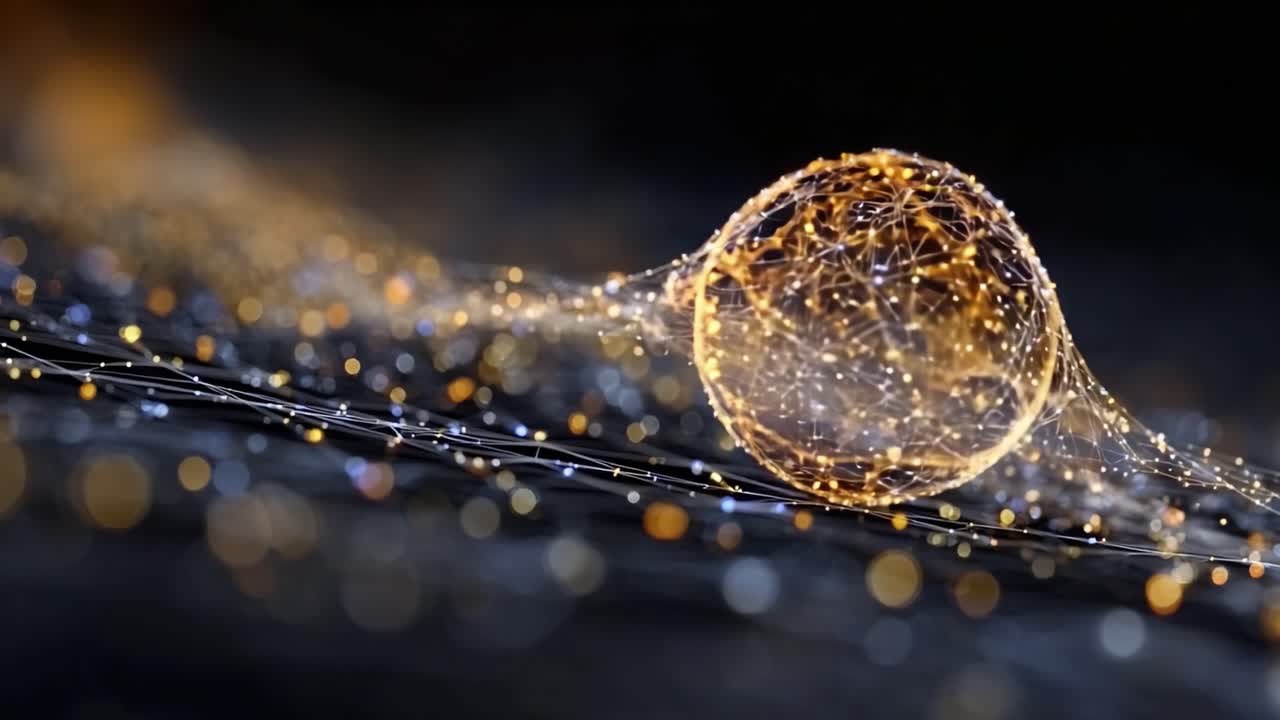 Un viaggio ipnotizzante di luce ed energia: visualizzazione astratta di una sfera dinamica circondata da particelle vibranti e illuminate in movimento