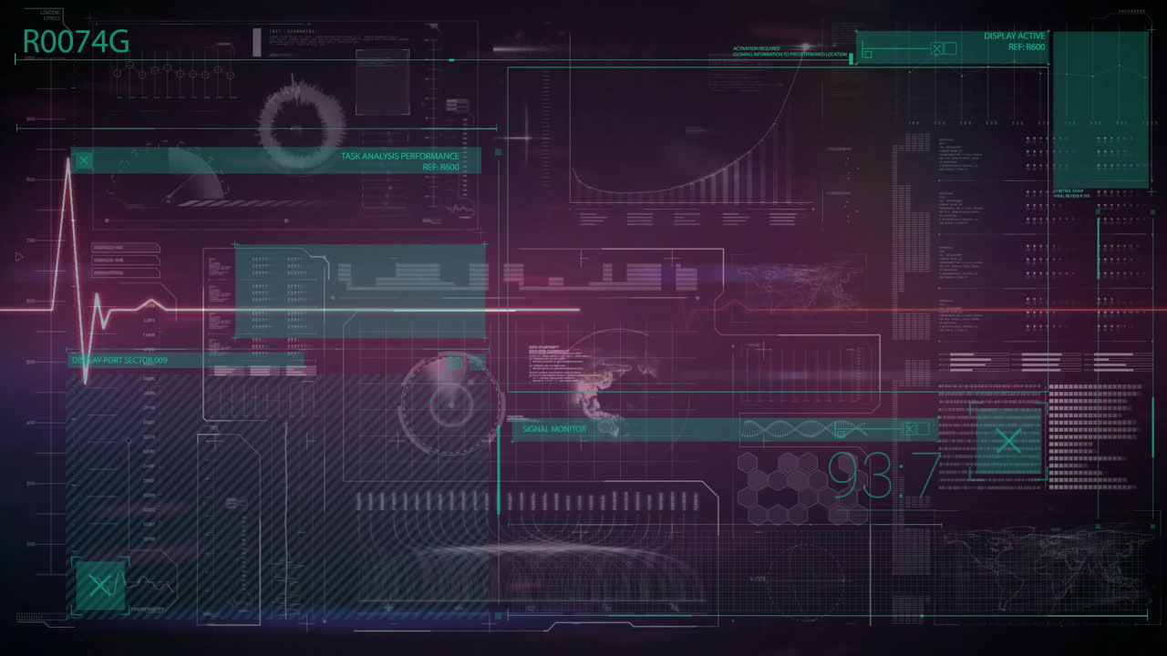 ritmo cardíaco y animación de procesamiento de datos médicos a través de una interfaz digital futurista