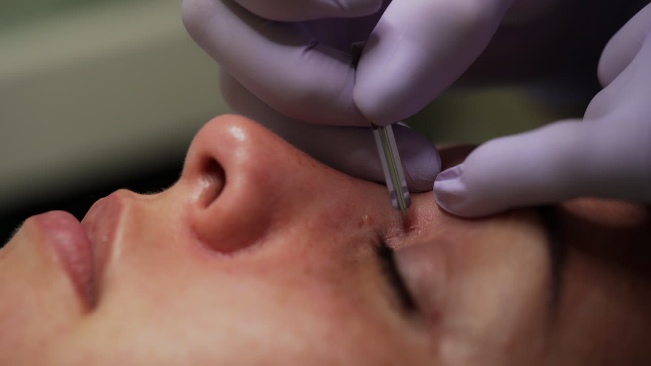 Beauty specialist uses sharp tool to open the pores of a client. Then blackhead removal is applied. Extreme close up.