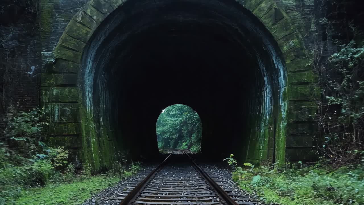 숲 한가운데 에 있는 터널 을 가로질러 가는 열차