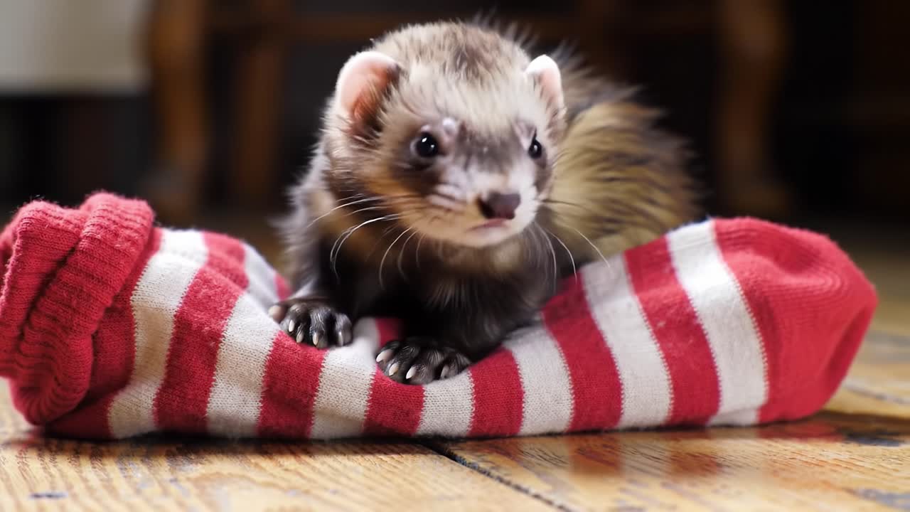 Adorable Ferret Playfully Interacting with a Soft Striped Sock, Capturing the Joy of Pets in Their Playful Environment