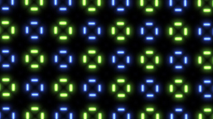 Griglia geometrica di punti verdi e blu su sfondo nero con quadrati sfumati