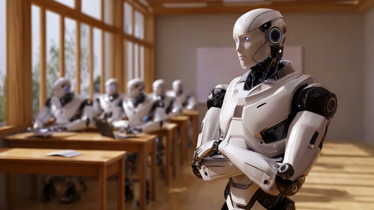 Un'entità robotica futuristica si erge sicura in un'aula moderna, mentre altre figure robotiche sono impegnate in attività di apprendimento ai loro banchi