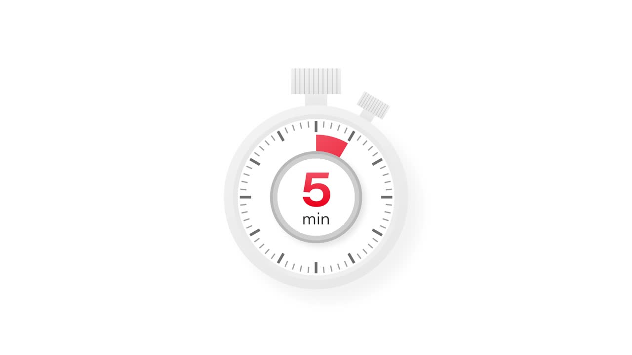 The 5 minutes timer. Stopwatch icon in flat style. Motion graphics.
