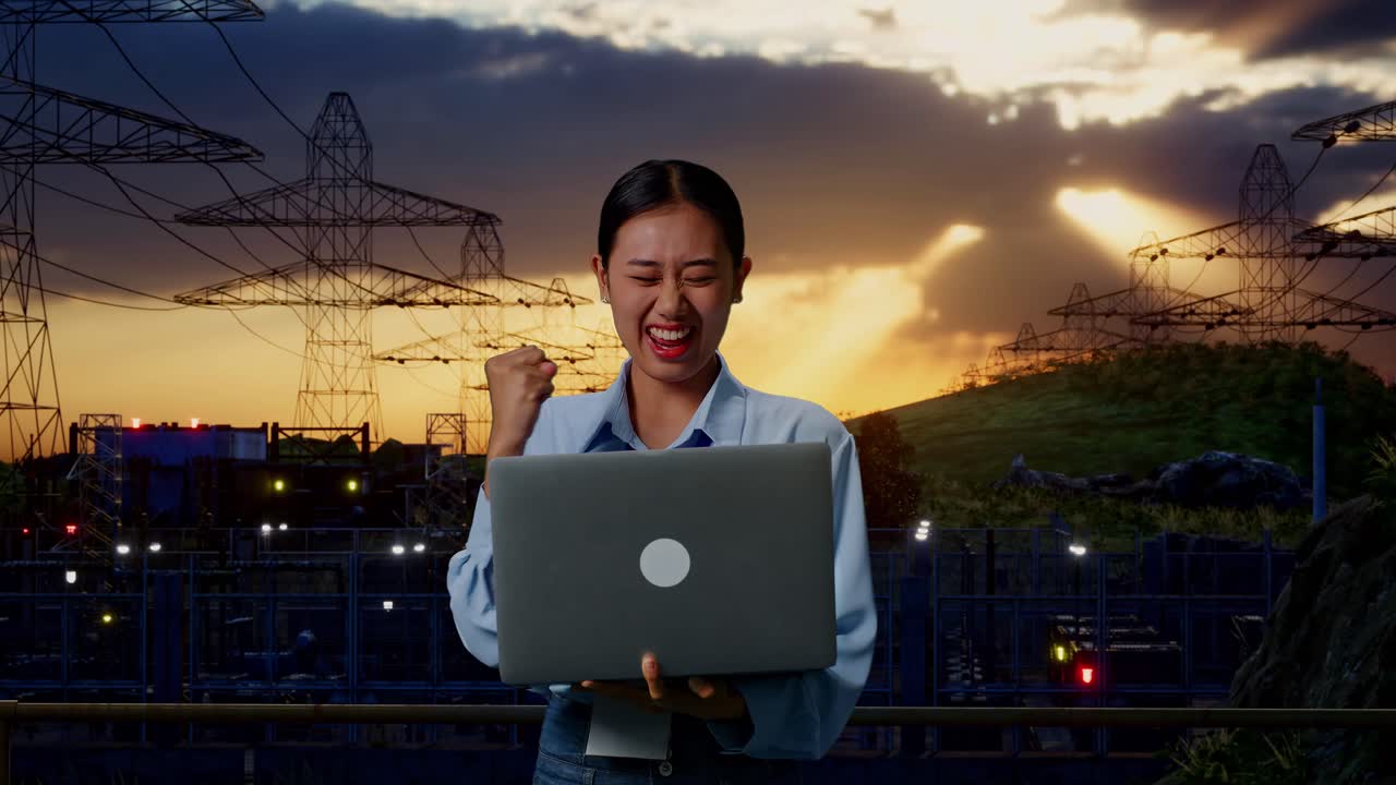 Asian Female Professional Worker Standing With Her Laptop Near High Voltage Tower, Industrial Facility, She Raises Her Fist Up With Screaming Goal