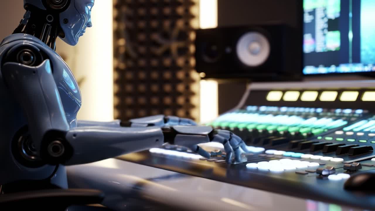 A robotic arm operates high-tech audio equipment in a well-lit studio. The setting features a computer screen displaying sound waves and various controls, illustrating innovation in music production.